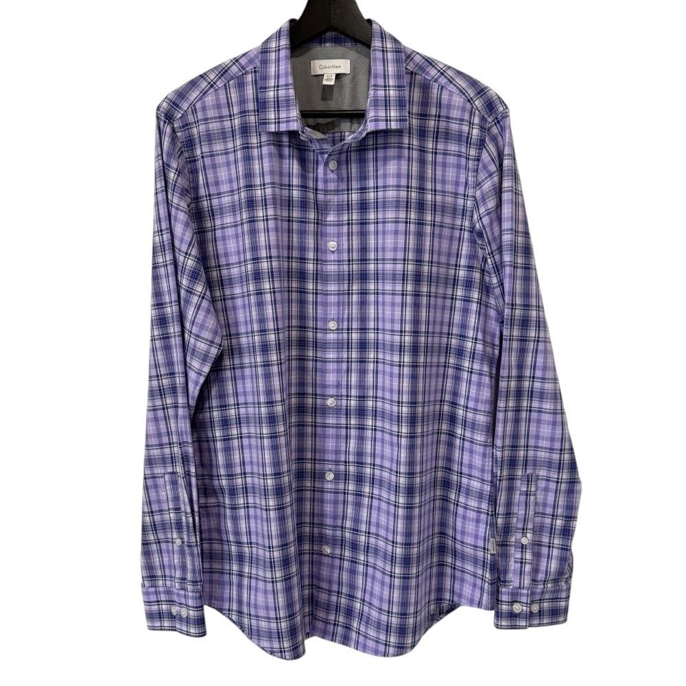 Calvin Klein Long Sleeve Button Down Shirt Purple Checkered Size M 100% Cotton